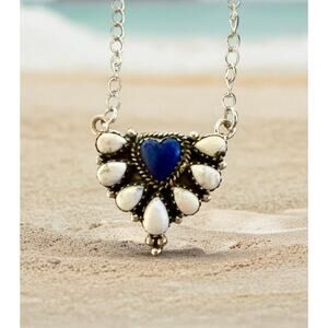 White Buffalo & Lapis Lazuli Cluster Heart Necklace 18-20” 925